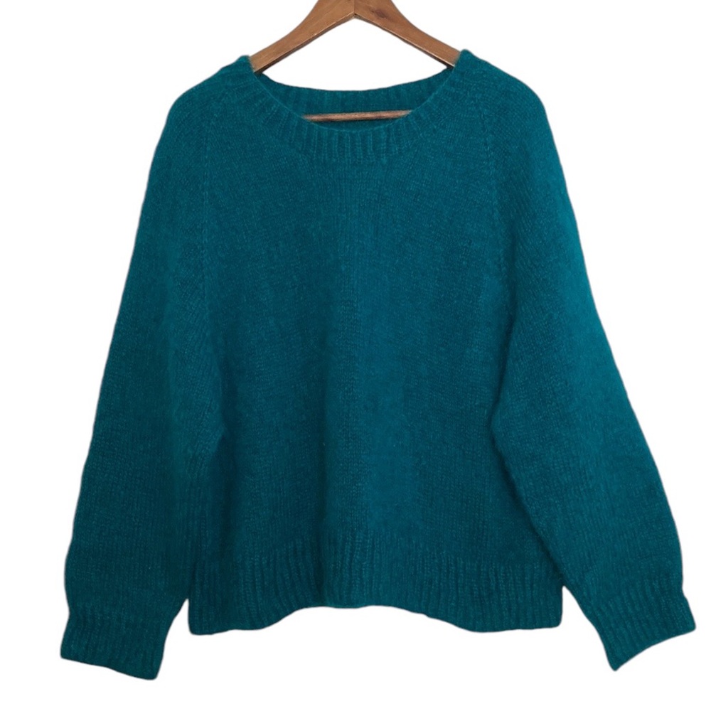 Handmade Sweater Womens XL  XXL Teal Blue Mohair Long Sleeve Pullover Fuzzy Cozy